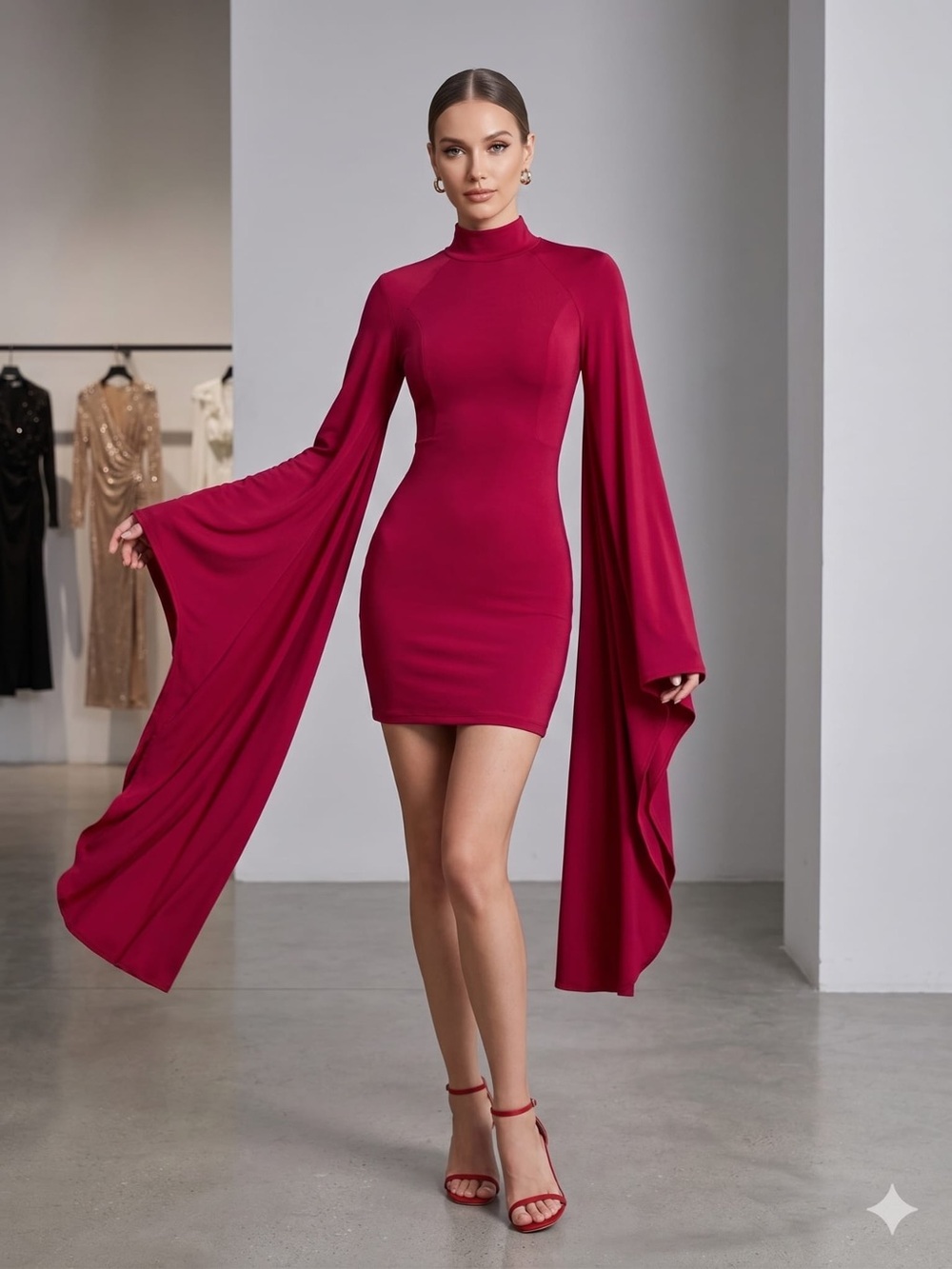 Abyss By Abby Magenta High-Neck Mini Dress with Flowing Draped Sleeves